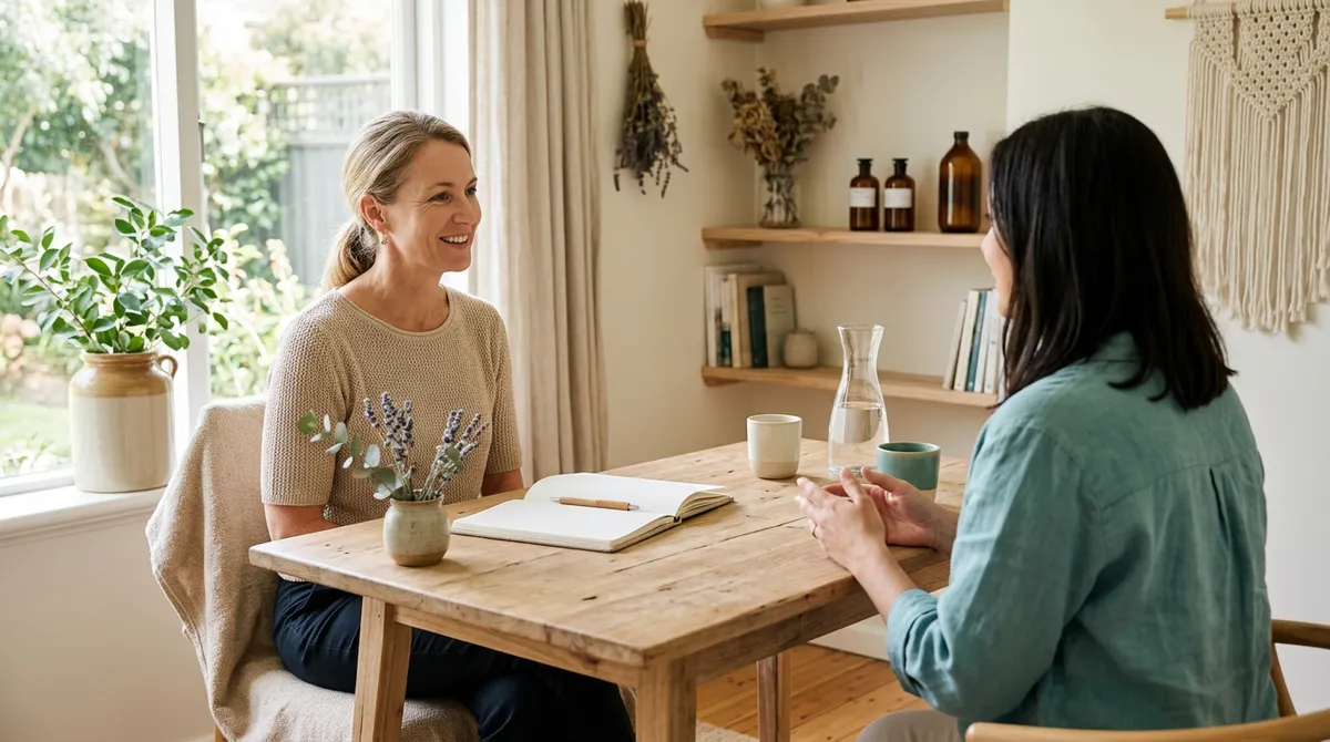 Naturopathe accueillant un consultant lors d'un entretien de conseil dans un cabinet naturel et lumineux