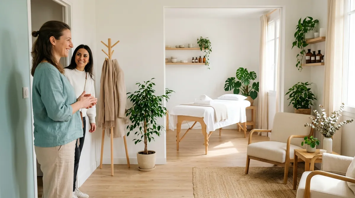 Praticienne bien-être accueillant un client dans un cabinet lumineux avec table de soin et espace d'attente