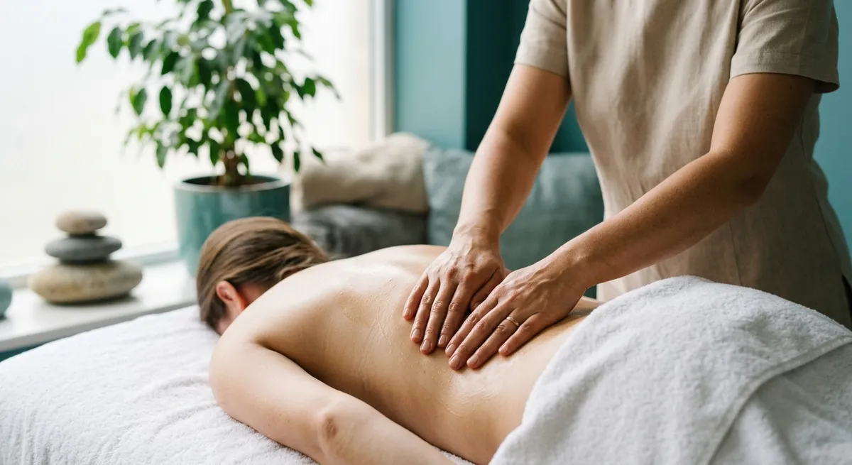 Mains d'une praticienne réalisant un massage bien-être du dos avec de l'huile dans un cabinet lumineux et apaisant