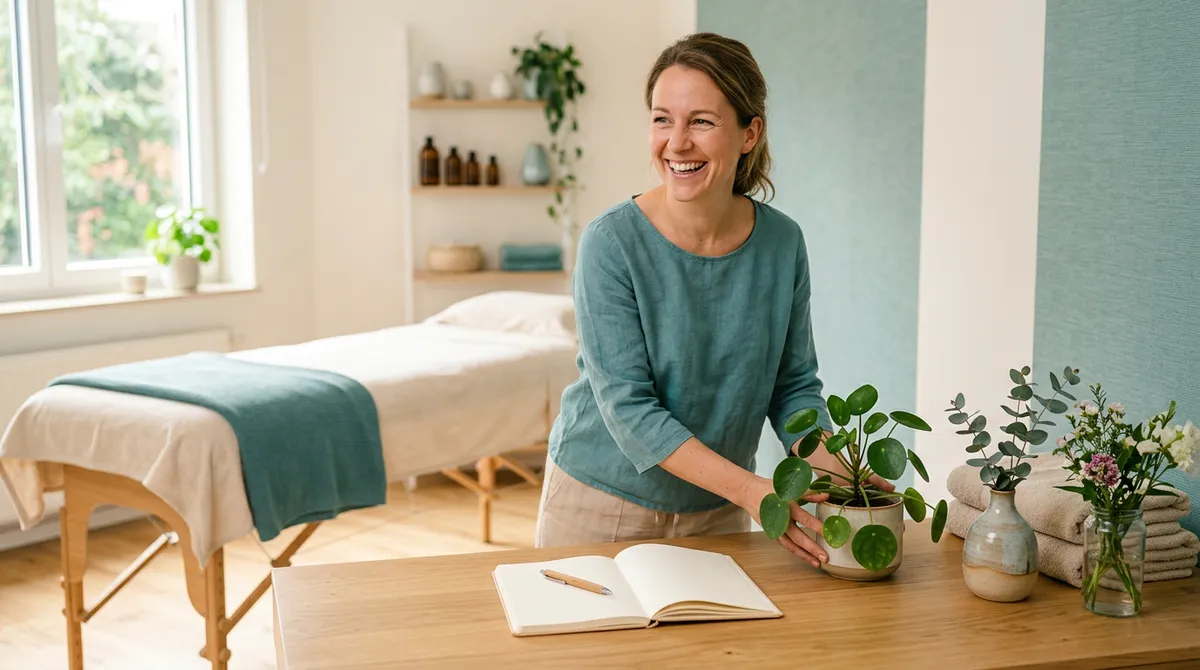 Praticienne bien-être organisant son cabinet lumineux, carnet et plante verte sur un bureau en bois clair